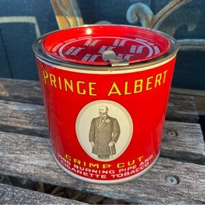 Vintage Antique Prince Albert Red Tobacco Tin, round red tin with opener